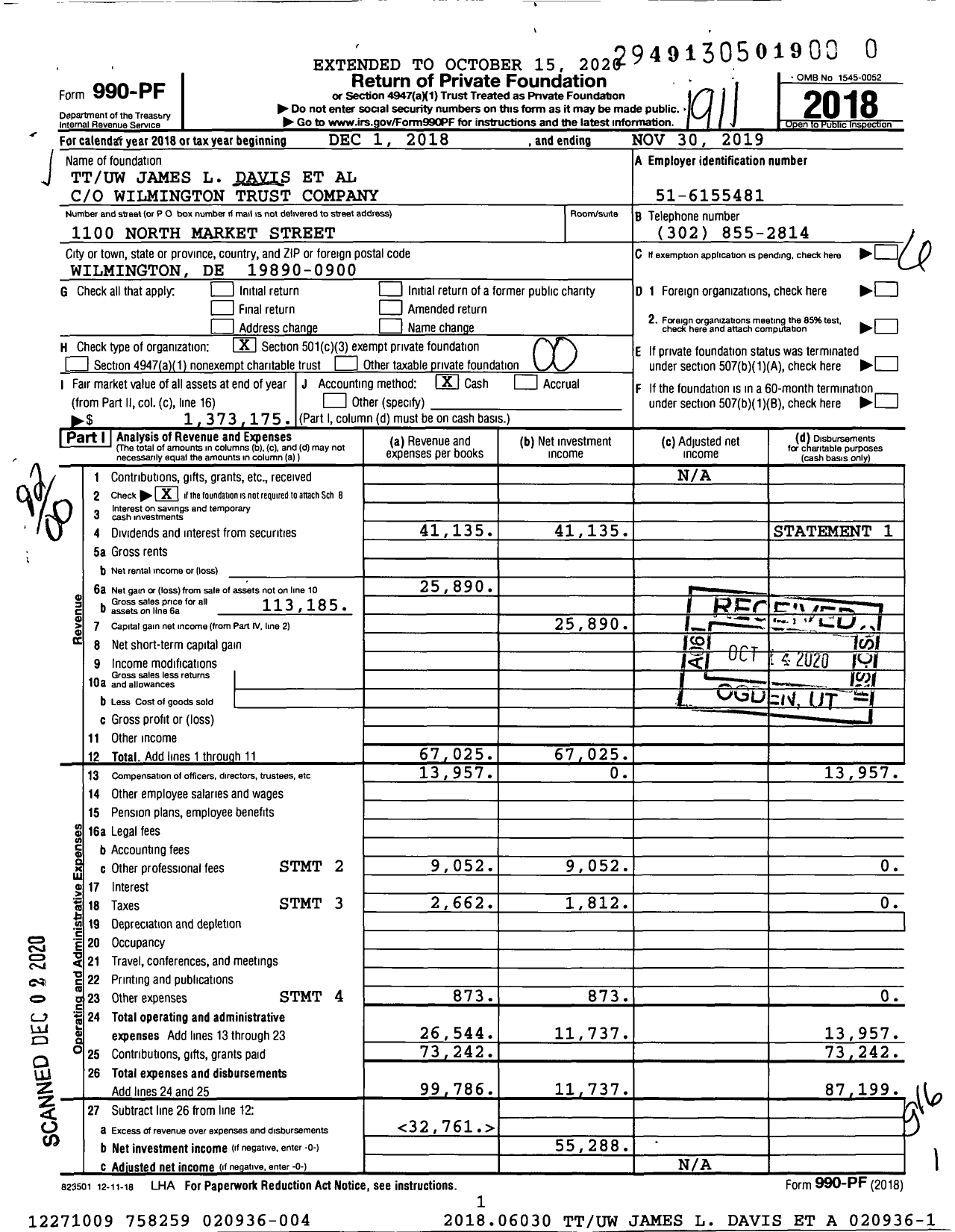 Image of first page of 2018 Form 990PF for Ttuw James L Davis Et Al 020936-004