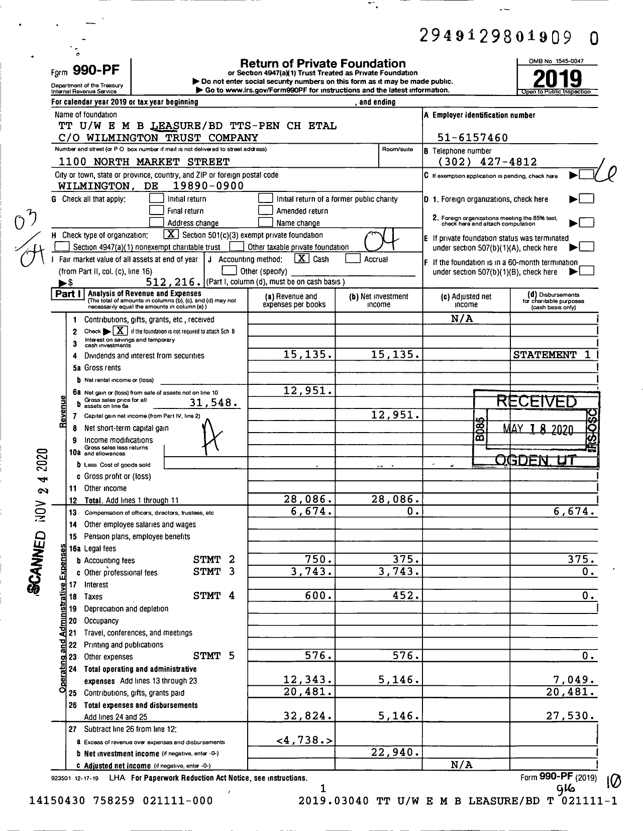 Image of first page of 2019 Form 990PF for TT Uw E M B Leasurebd Tts-Pen CH Etal