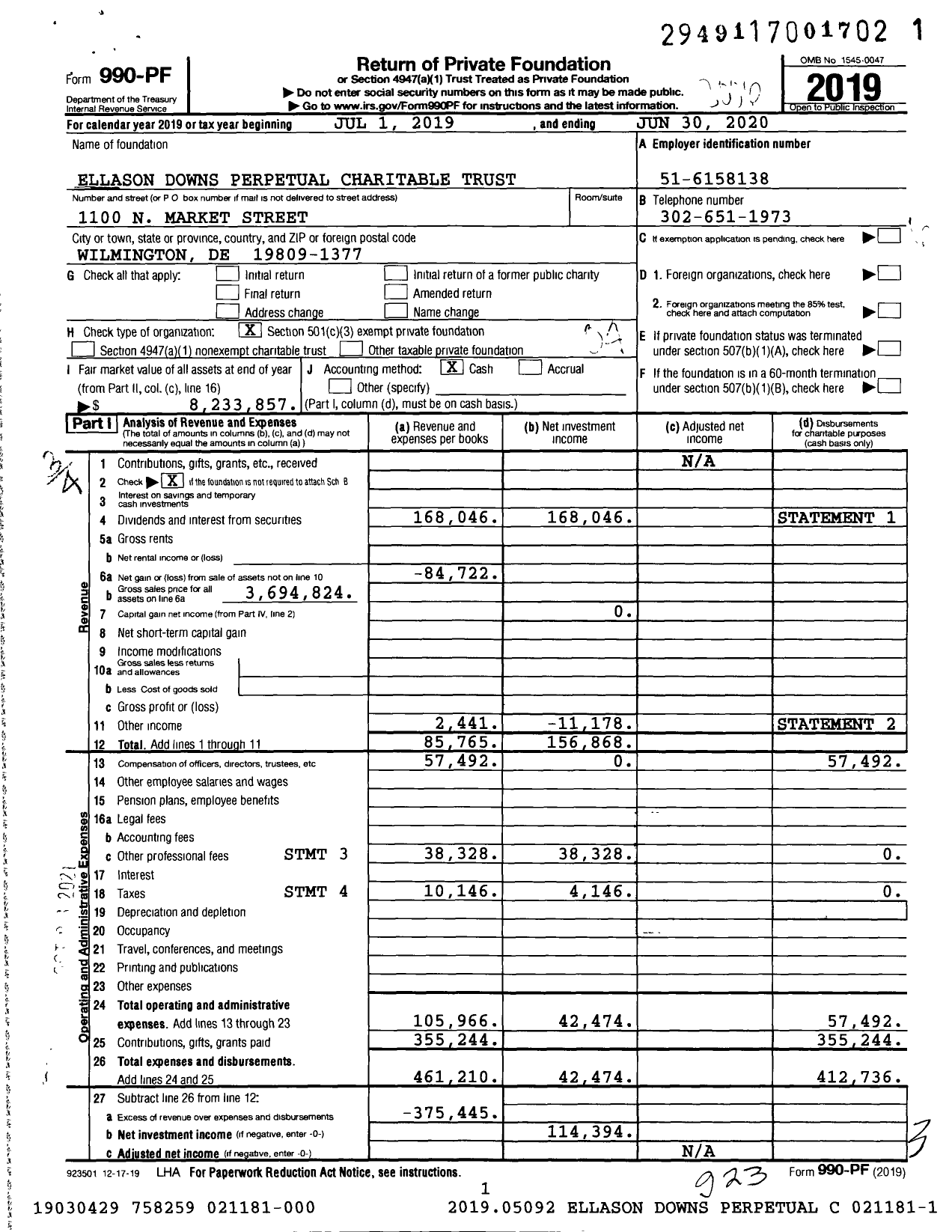 Image of first page of 2019 Form 990PF for Ellason Downs Perpetual Charitable Trust