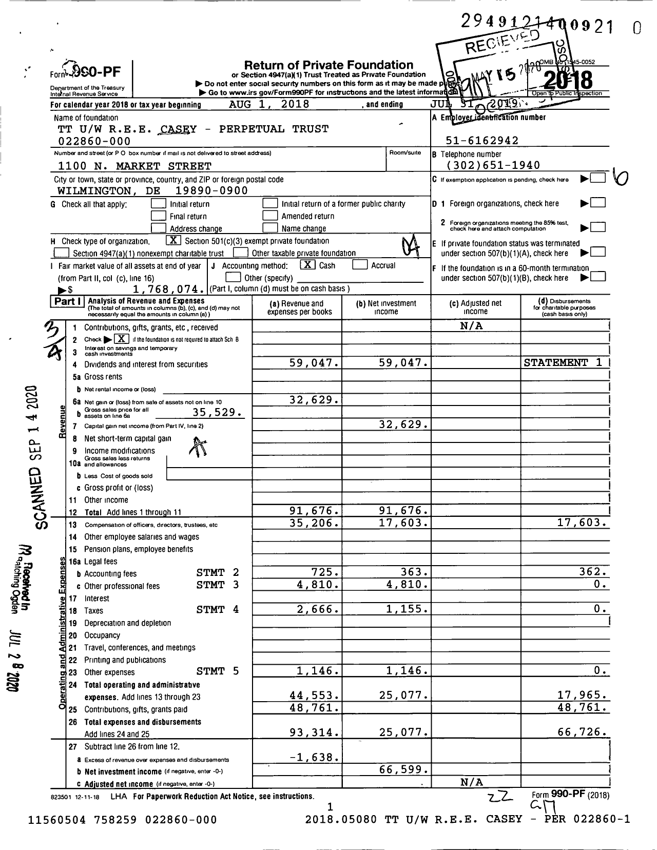 Image of first page of 2018 Form 990PR for TT Uw Ree Casey - Perpetual Trust