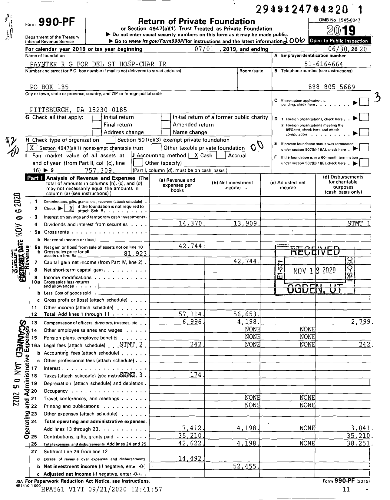 Image of first page of 2019 Form 990PF for Paynter R G for Del St Hosp-Char Trust