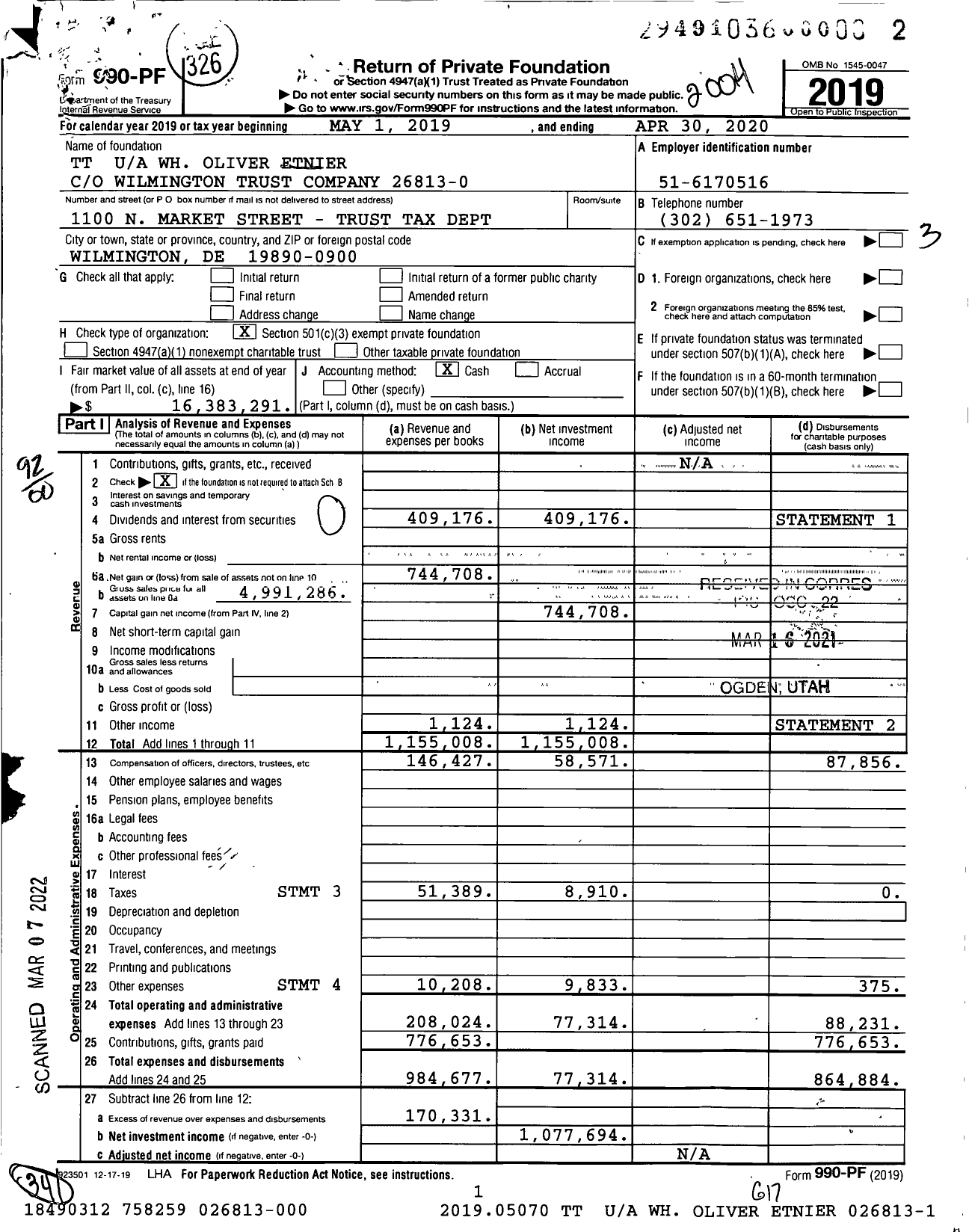 Image of first page of 2019 Form 990PF for TT WH Oliver Etnier 026813-000