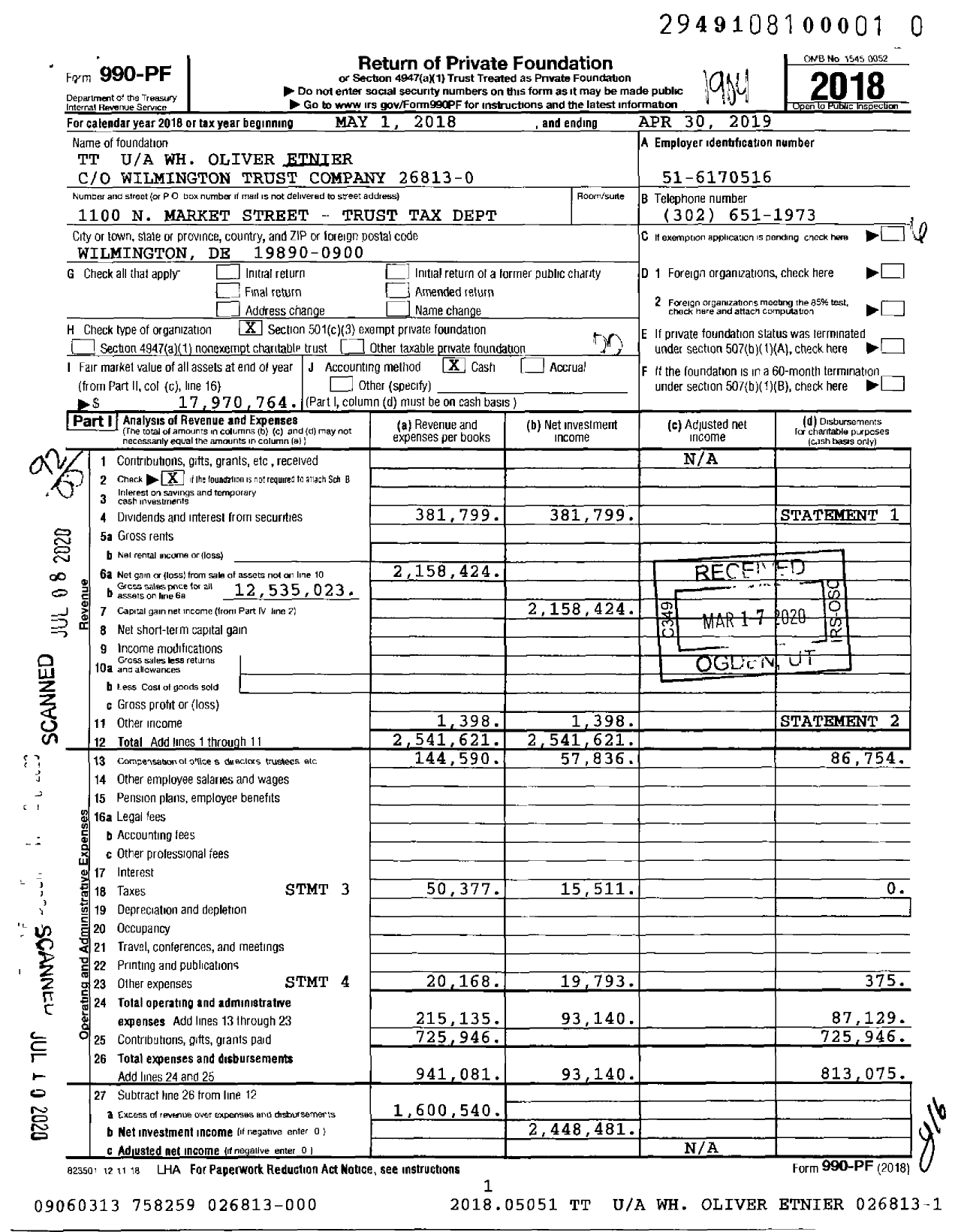 Image of first page of 2018 Form 990PR for TT WH Oliver Etnier 026813-000