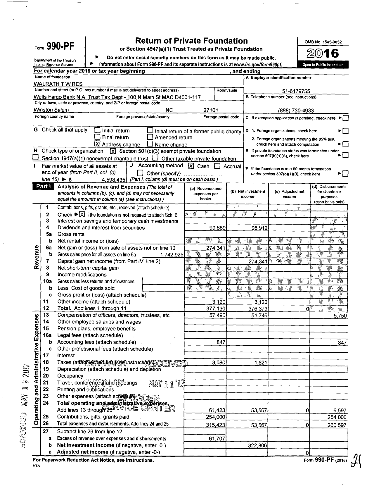 Image of first page of 2016 Form 990PF for Walrath TW Res