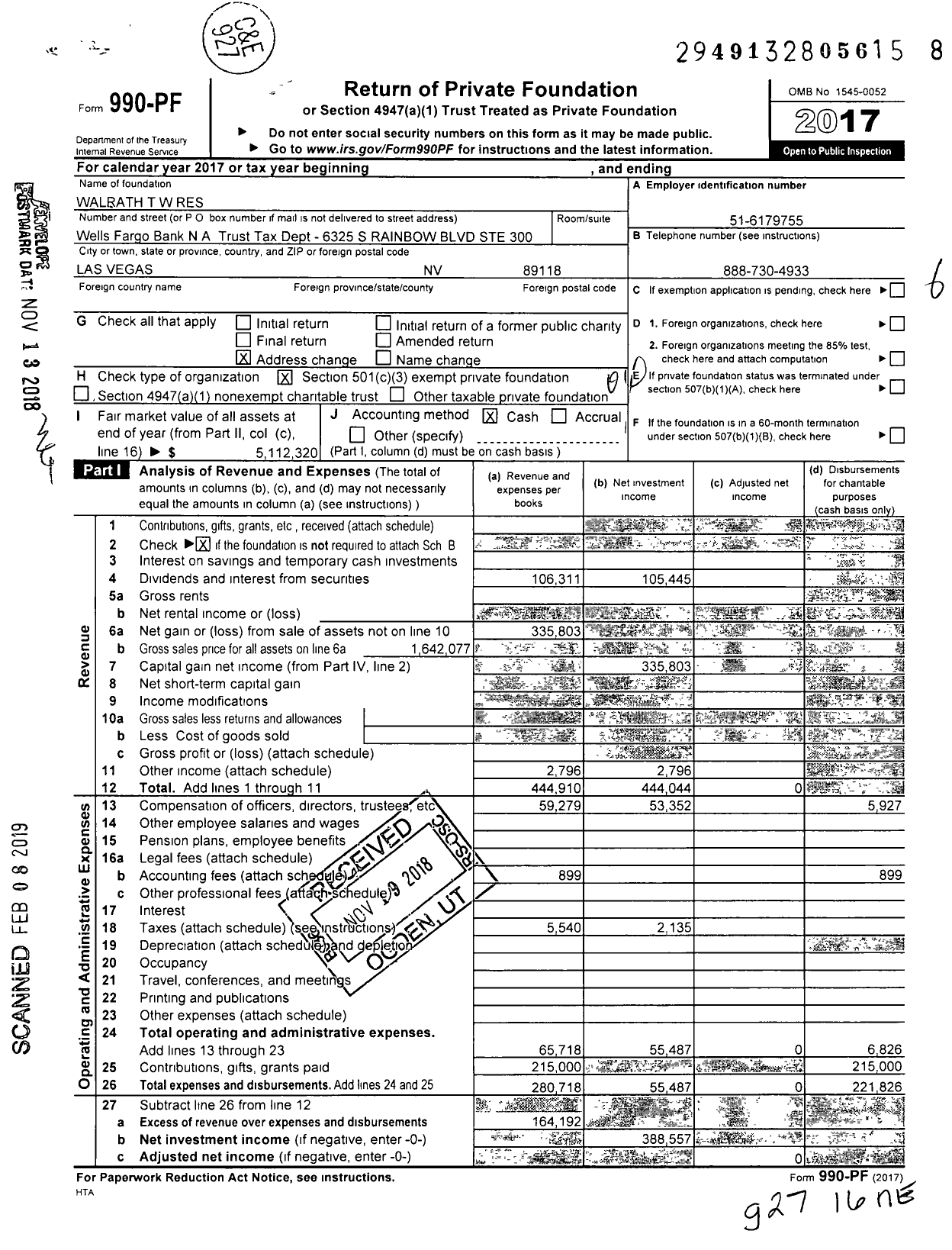 Image of first page of 2017 Form 990PF for Walrath TW Res