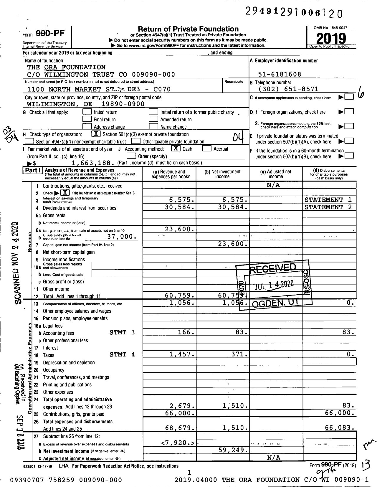 Image of first page of 2019 Form 990PF for The Ora Foundation 009090-000