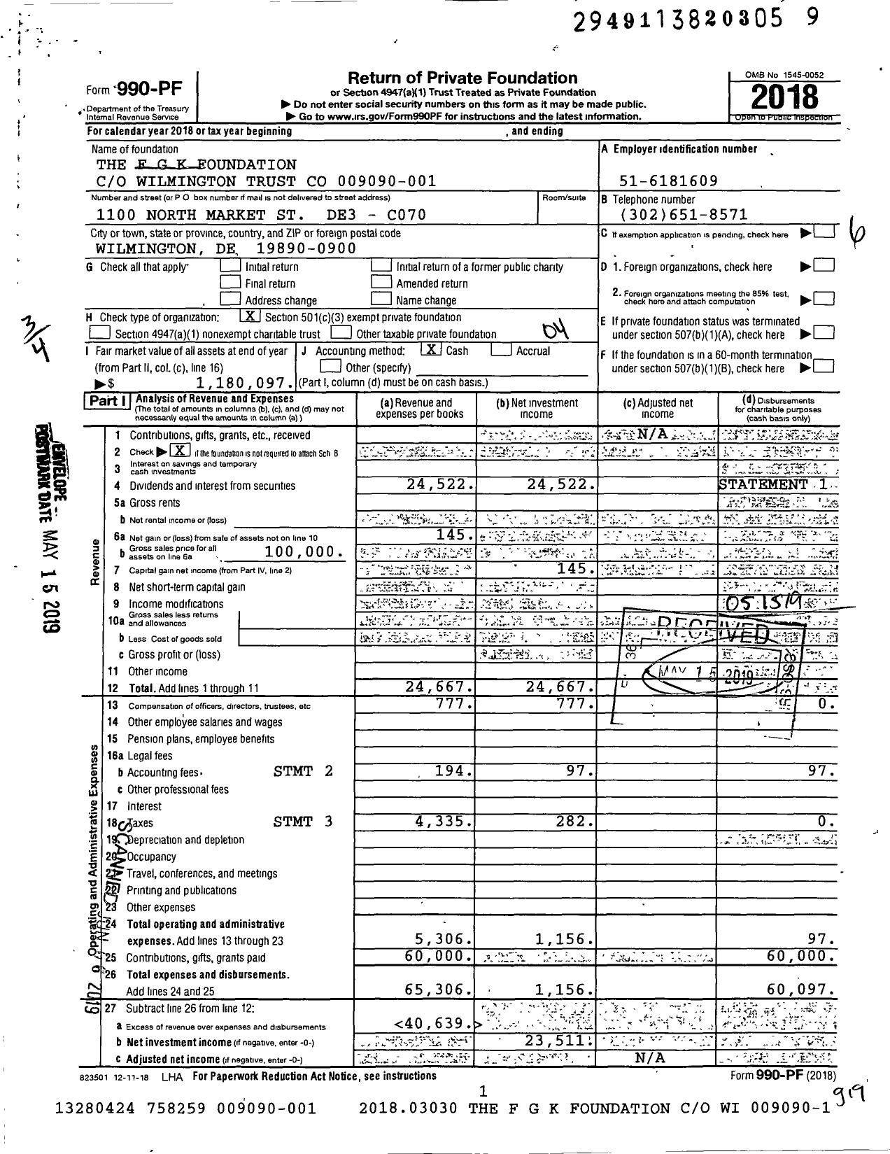 Image of first page of 2018 Form 990PF for The F G K Foundation 009090-001