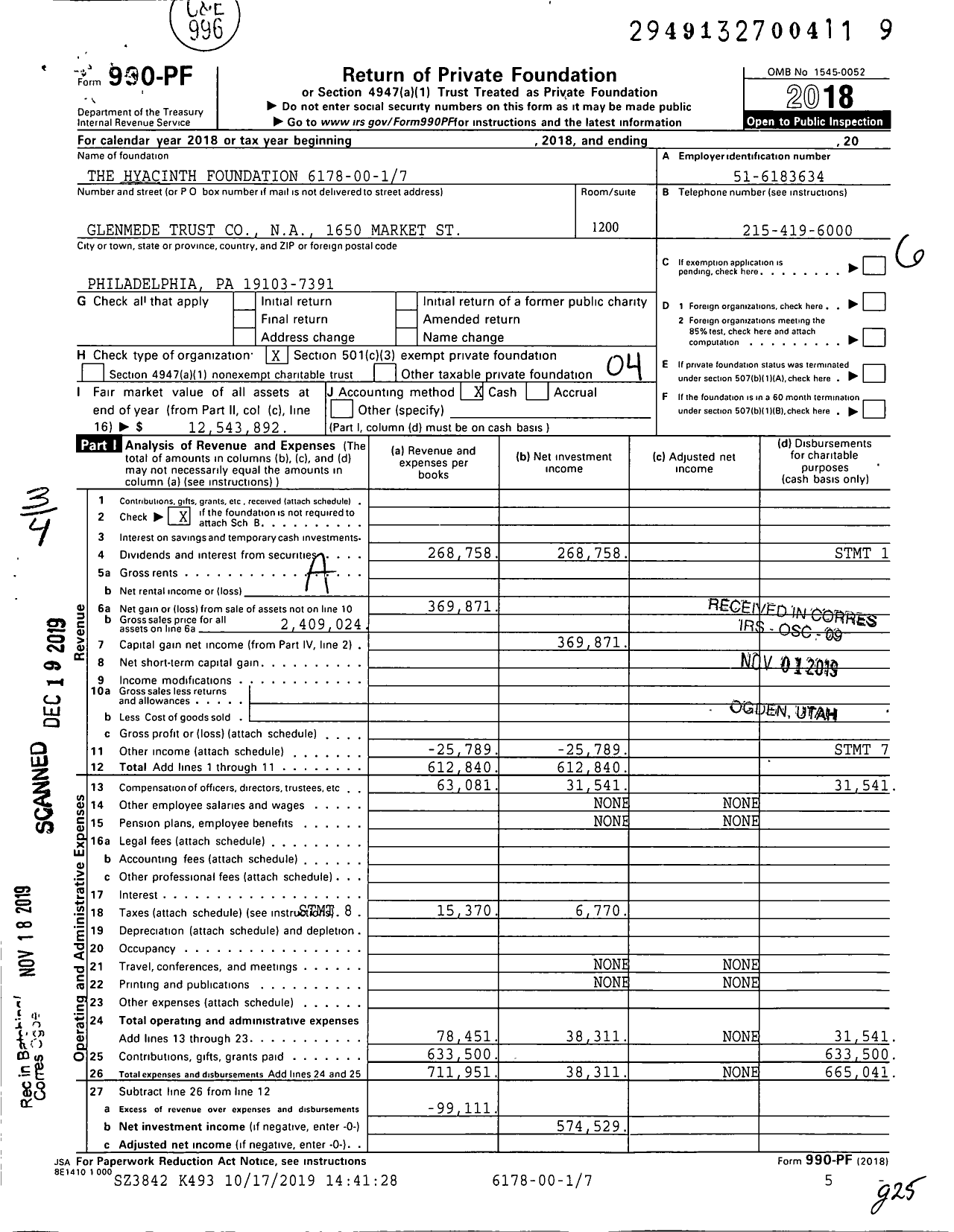 Image of first page of 2018 Form 990PF for The Hyacinth Foundation 6178-00-17