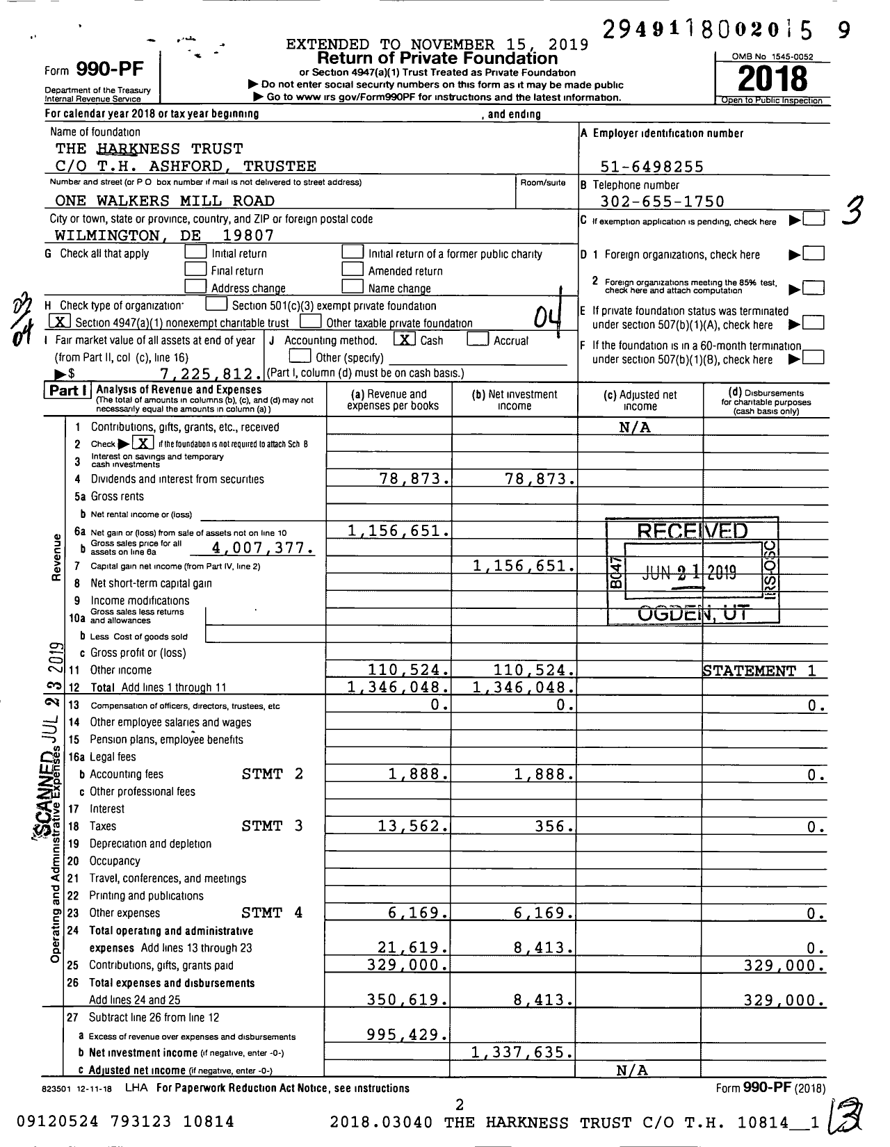 Image of first page of 2018 Form 990PF for The Harkness Trust