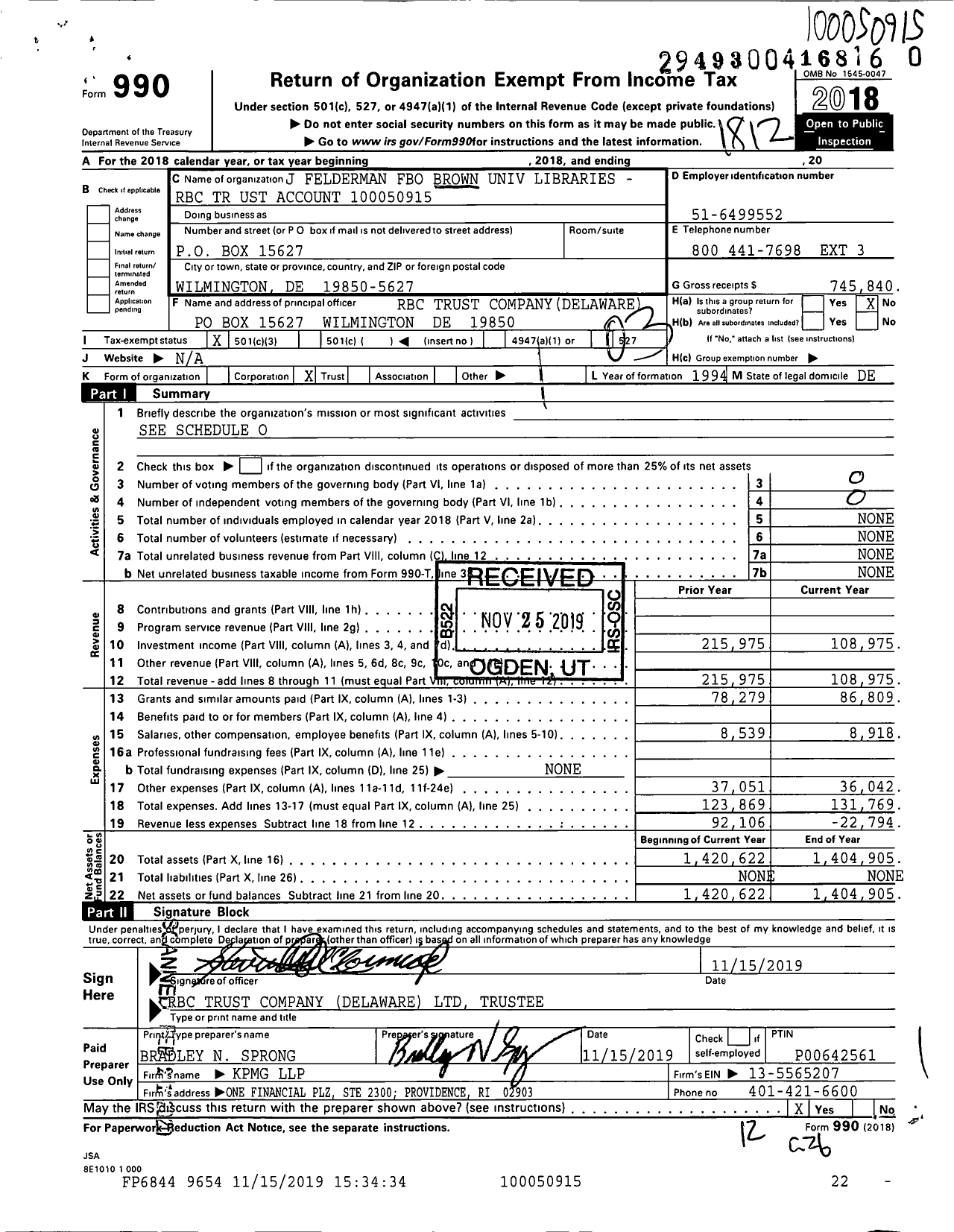 Image of first page of 2018 Form 990 for J Felderman Fbo Brown Univ Libraries 33-011150