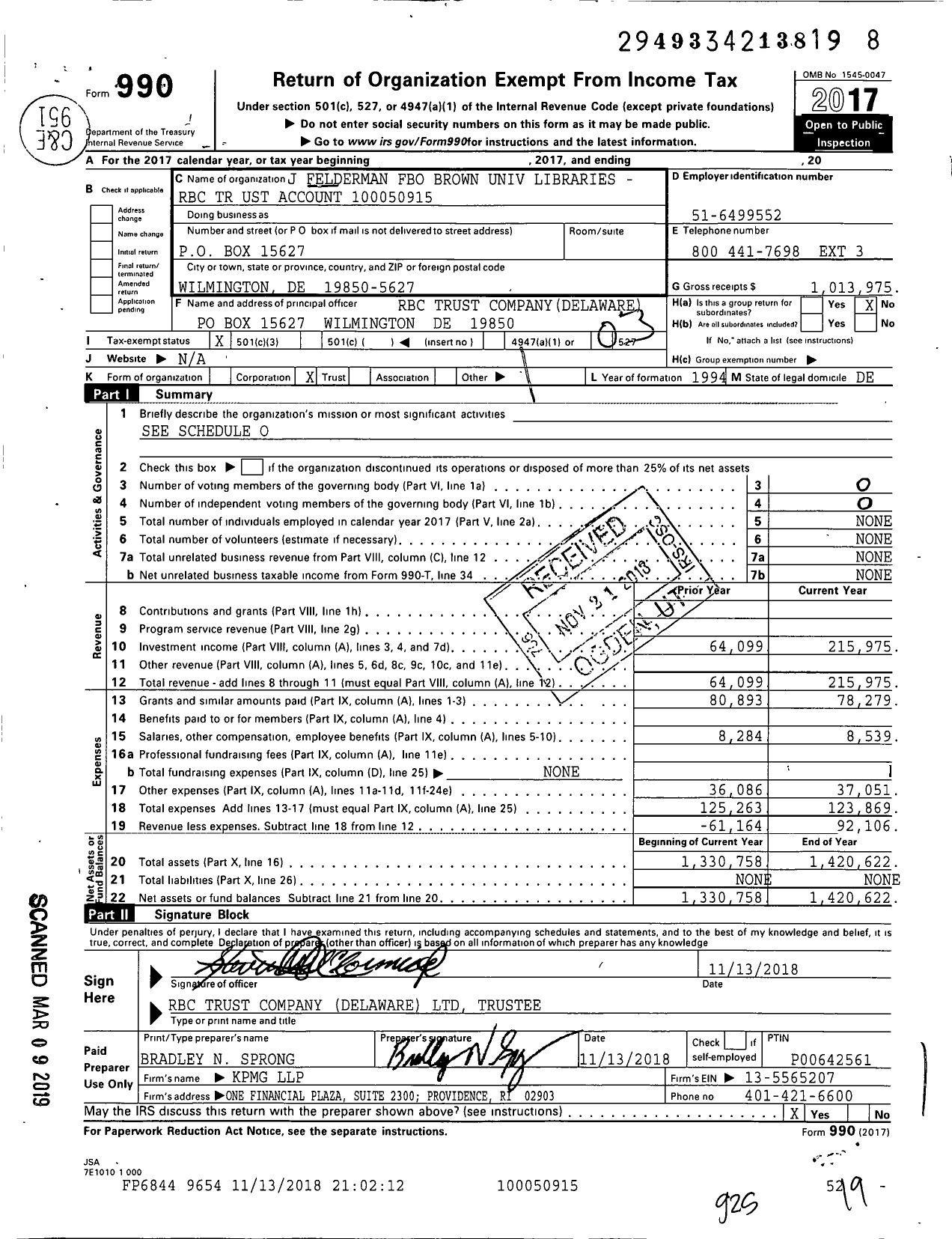 Image of first page of 2017 Form 990 for J Felderman Fbo Brown Univ Libraries 33-011150