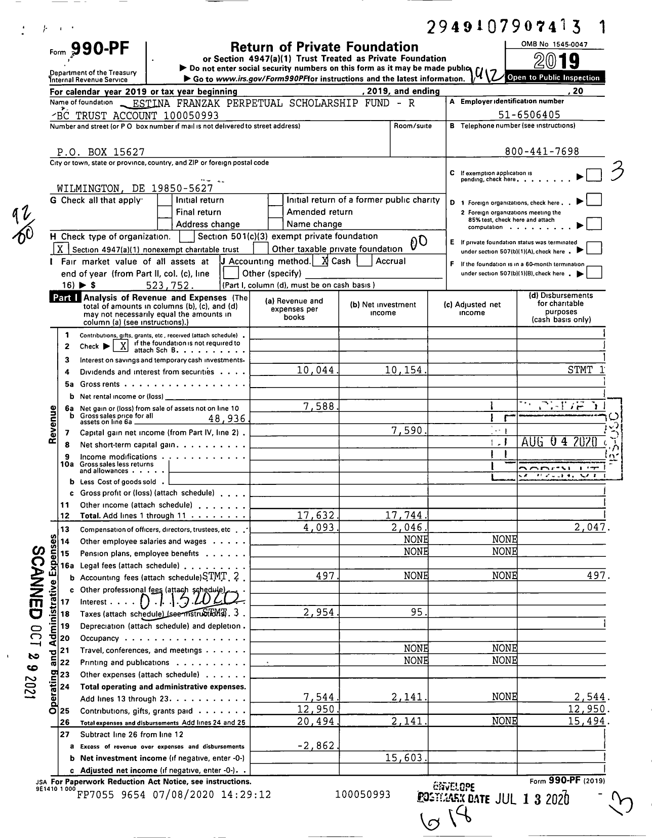 Image of first page of 2019 Form 990PF for Estina Franzak Perpetual Scholarship Fund - R