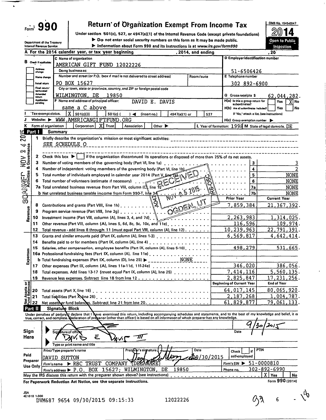 Image of first page of 2014 Form 990 for American Gift Fund