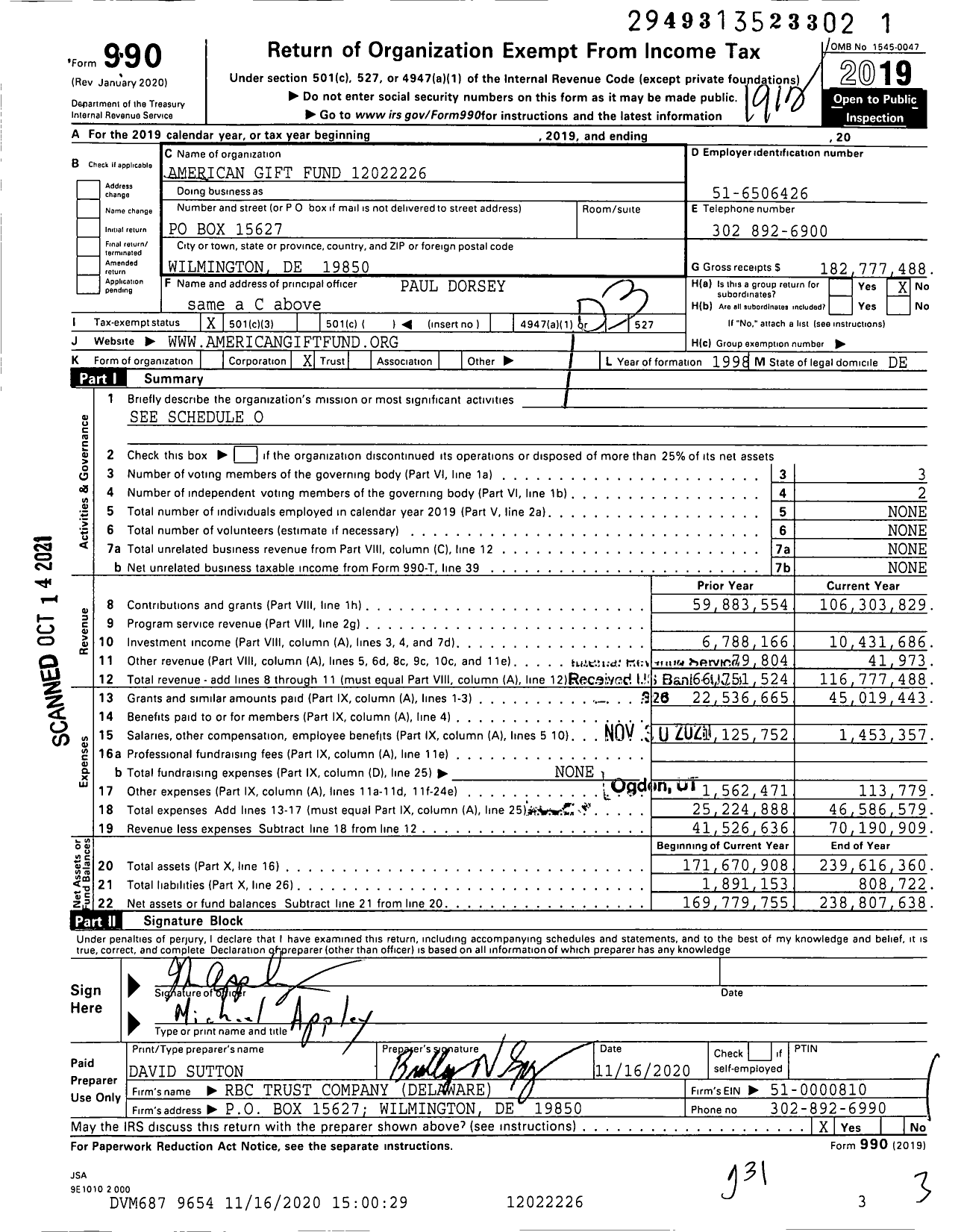Image of first page of 2019 Form 990 for American Gift Fund