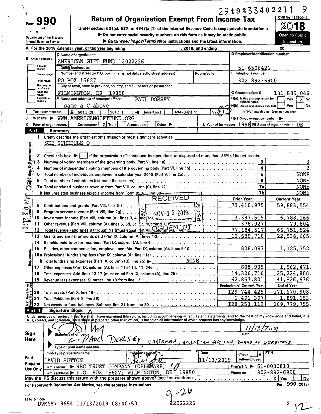 Image of first page of 2018 Form 990 for American Gift Fund