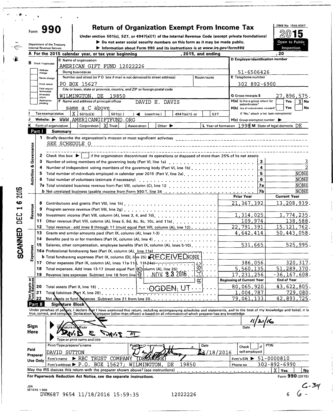 Image of first page of 2015 Form 990 for American Gift Fund