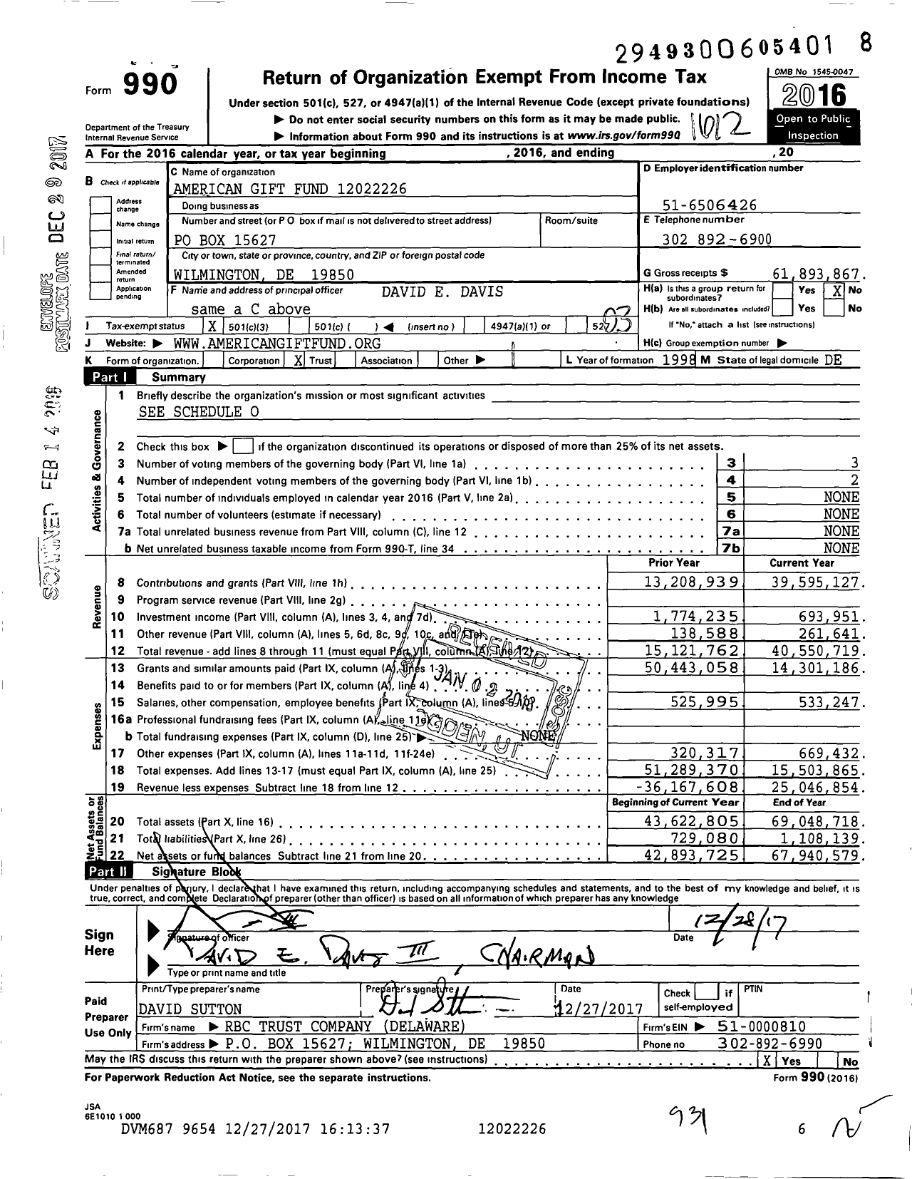 Image of first page of 2016 Form 990 for American Gift Fund