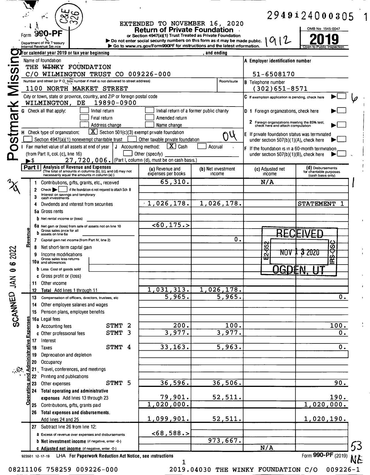 Image of first page of 2019 Form 990PF for The Winky Foundation Wilmington Trust