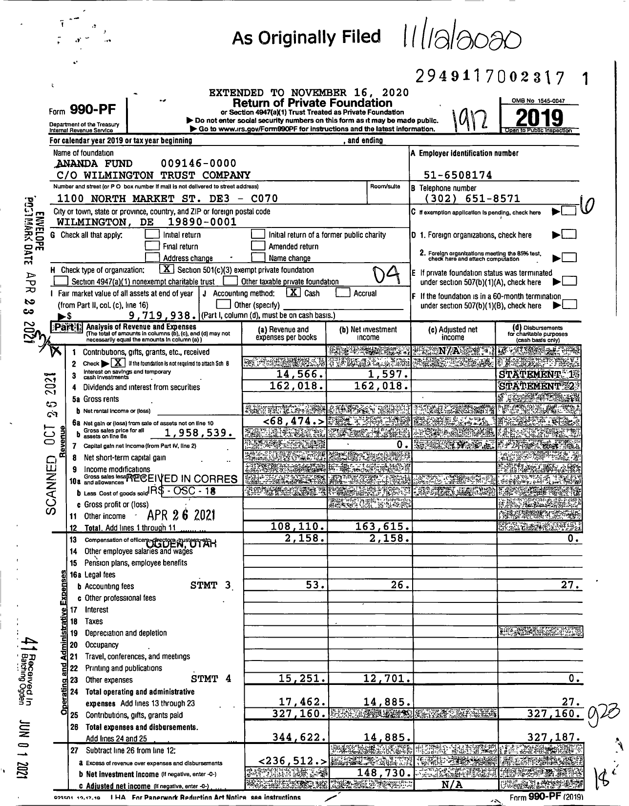 Image of first page of 2019 Form 990PF for Ananda Fund 009146-000