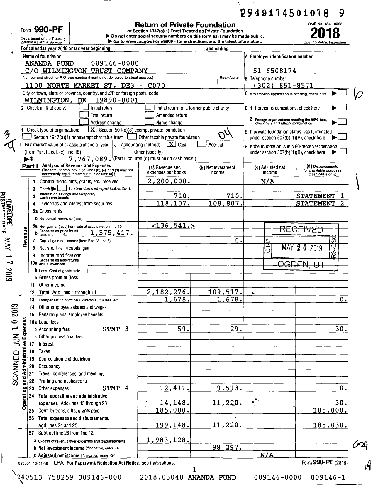 Image of first page of 2018 Form 990PF for Ananda Fund 009146-000