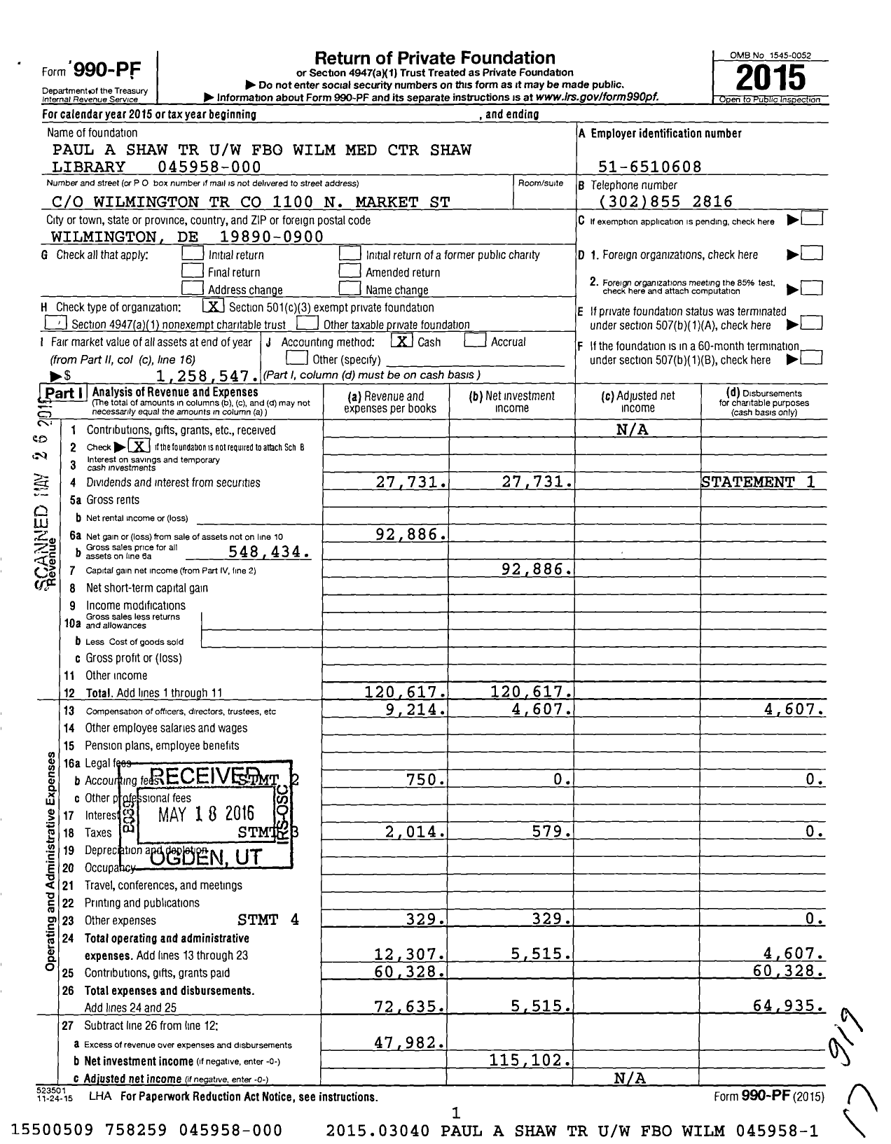 Image of first page of 2015 Form 990PF for PAUL A shaw TR UW FBO Wilm med Center shaw