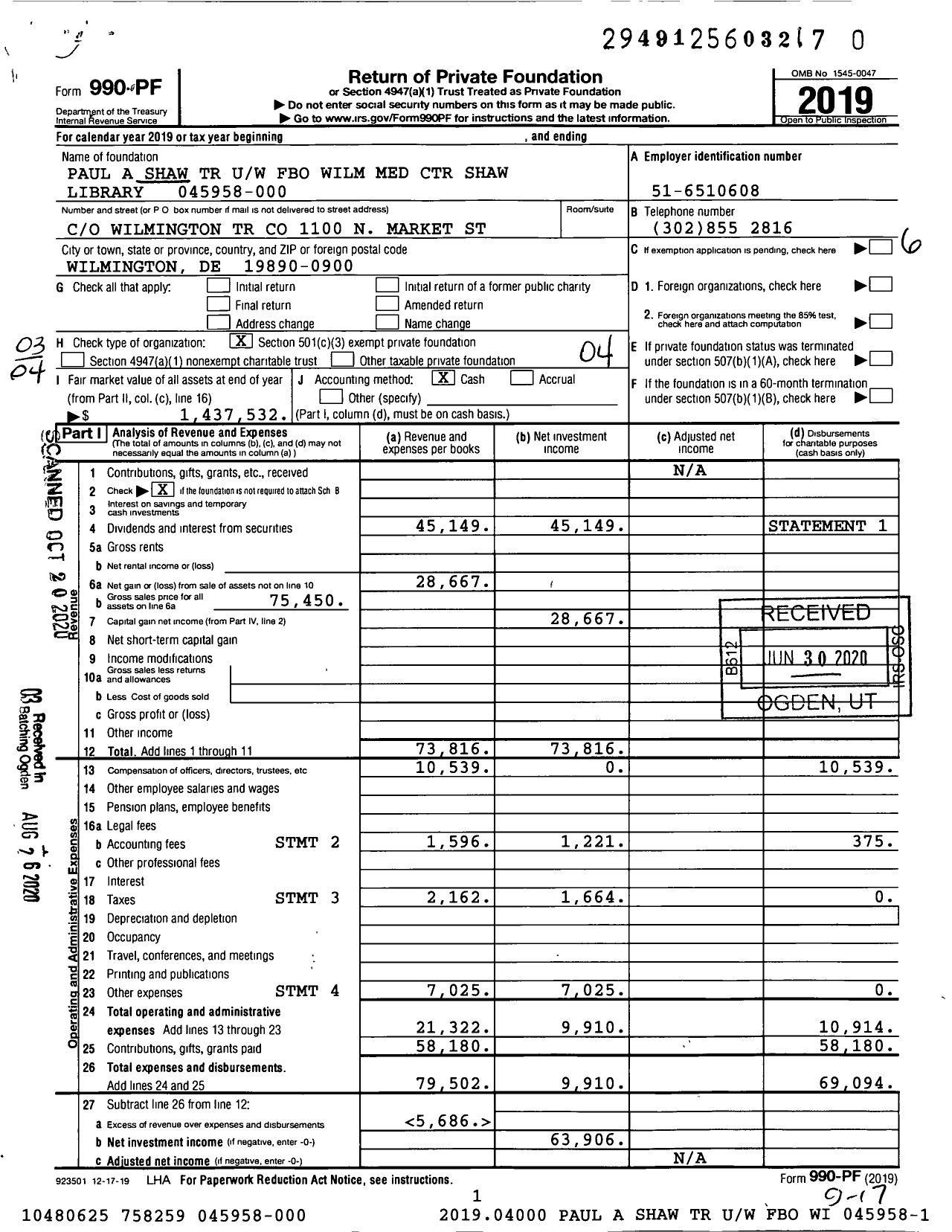 Image of first page of 2019 Form 990PR for PAUL A SHAW TR UW FBO Wilm med Center SHAW