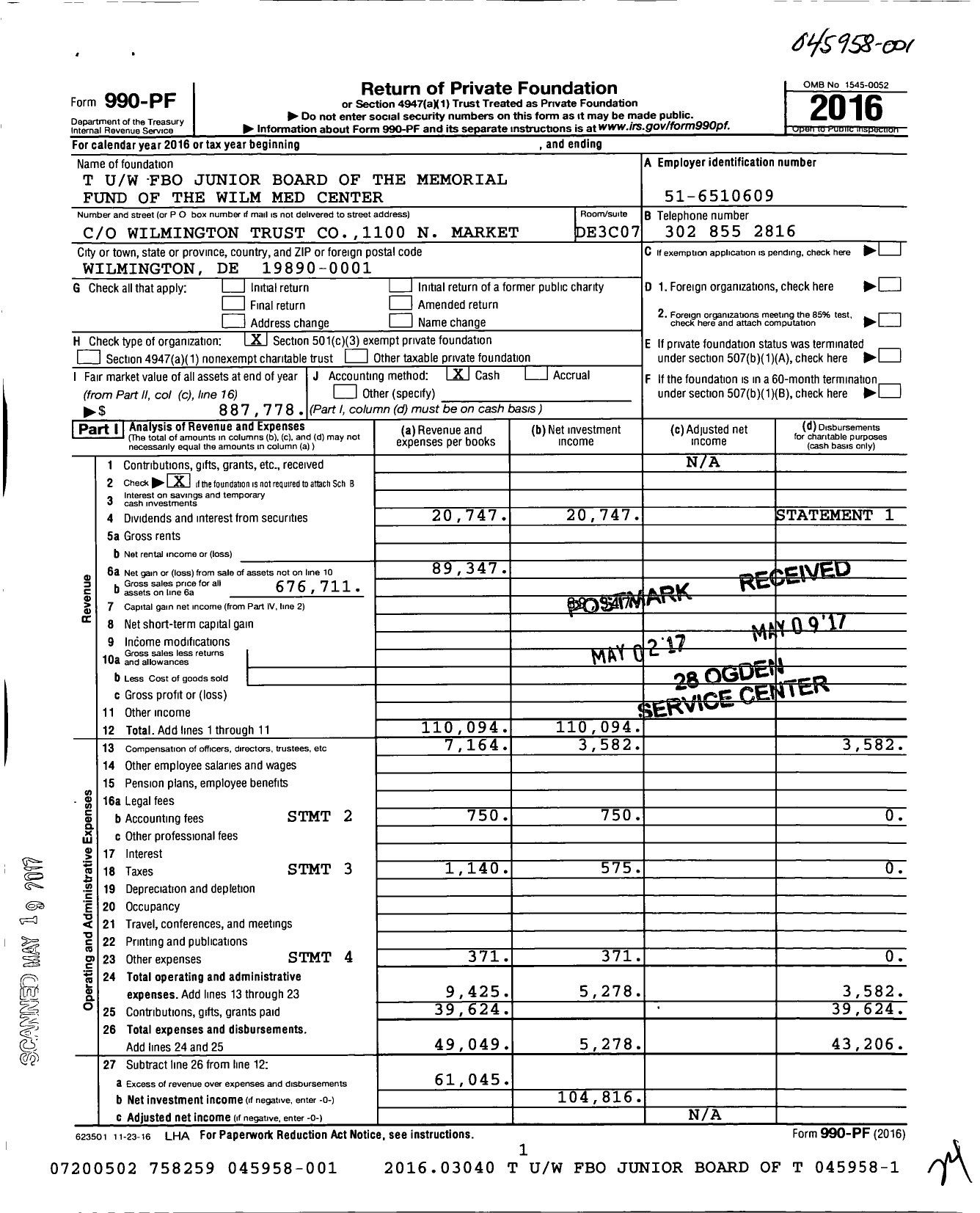 Image of first page of 2016 Form 990PF for T Uw Fbo Junior Board of the Memorial Fund