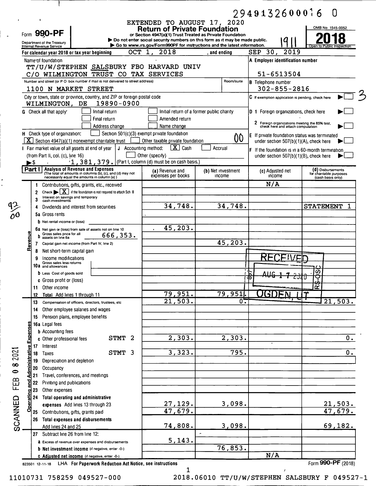 Image of first page of 2018 Form 990PF for Ttuwstephen Salsbury Fbo Harvard Univ