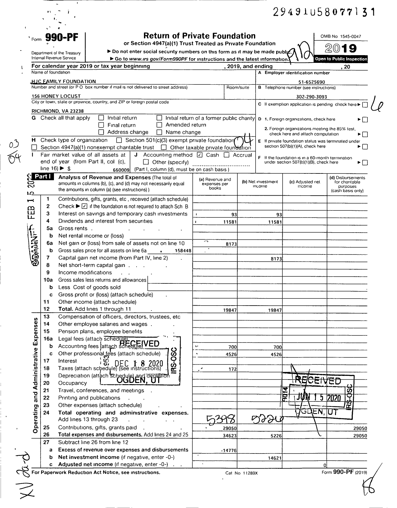 Image of first page of 2019 Form 990PF for HJC Family Foundation