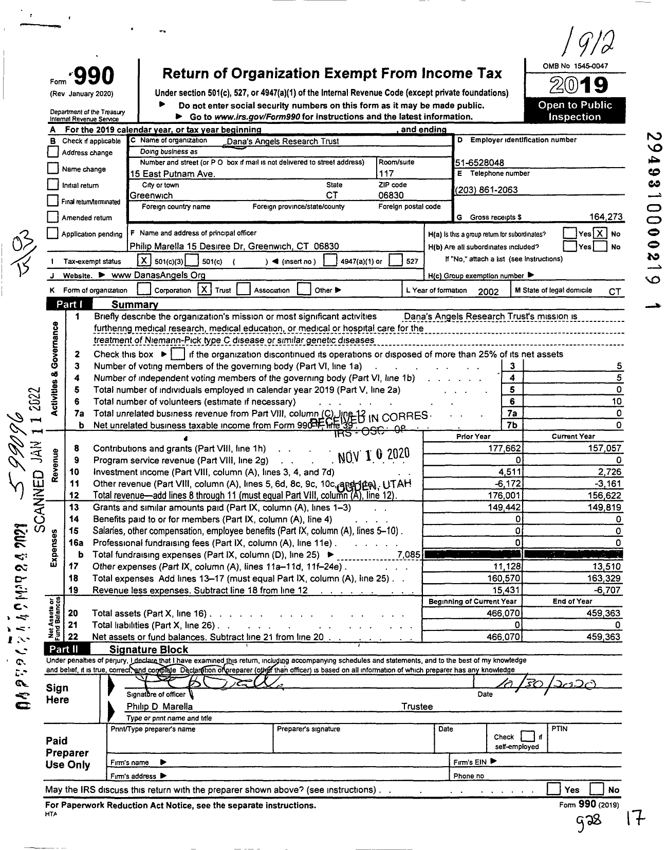 Image of first page of 2019 Form 990 for Dana's Angels Research Trust