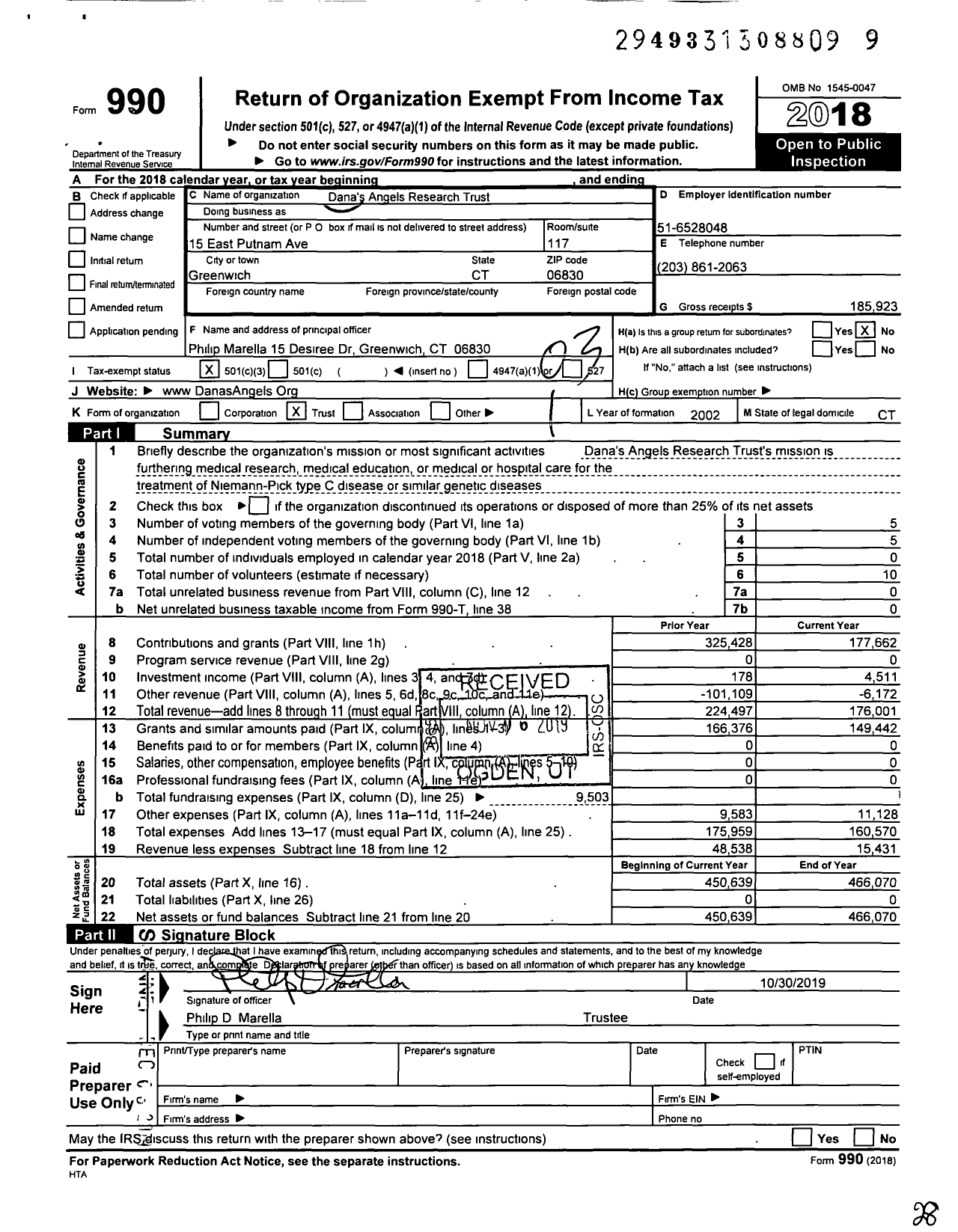 Image of first page of 2018 Form 990 for Dana's Angels Research Trust