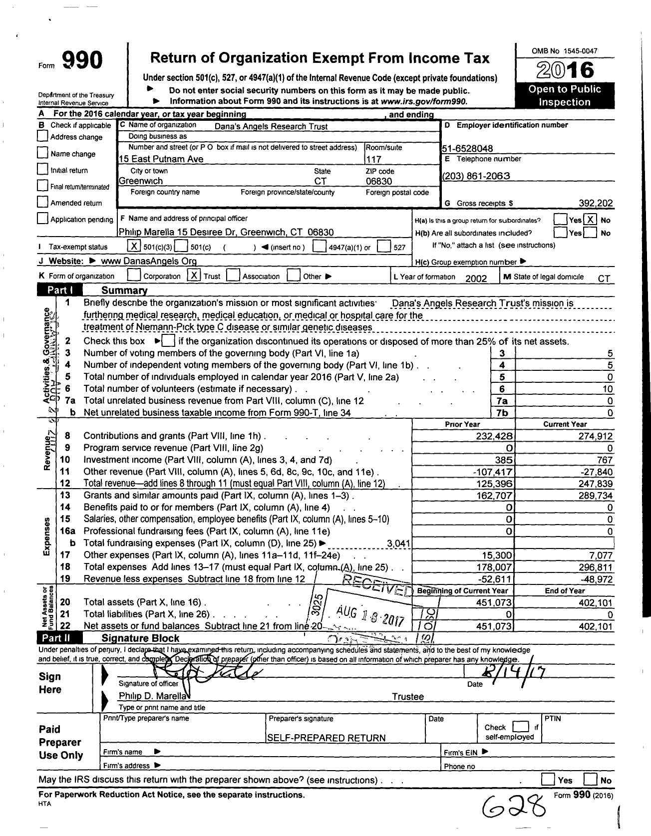 Image of first page of 2016 Form 990 for Dana's Angels Research Trust