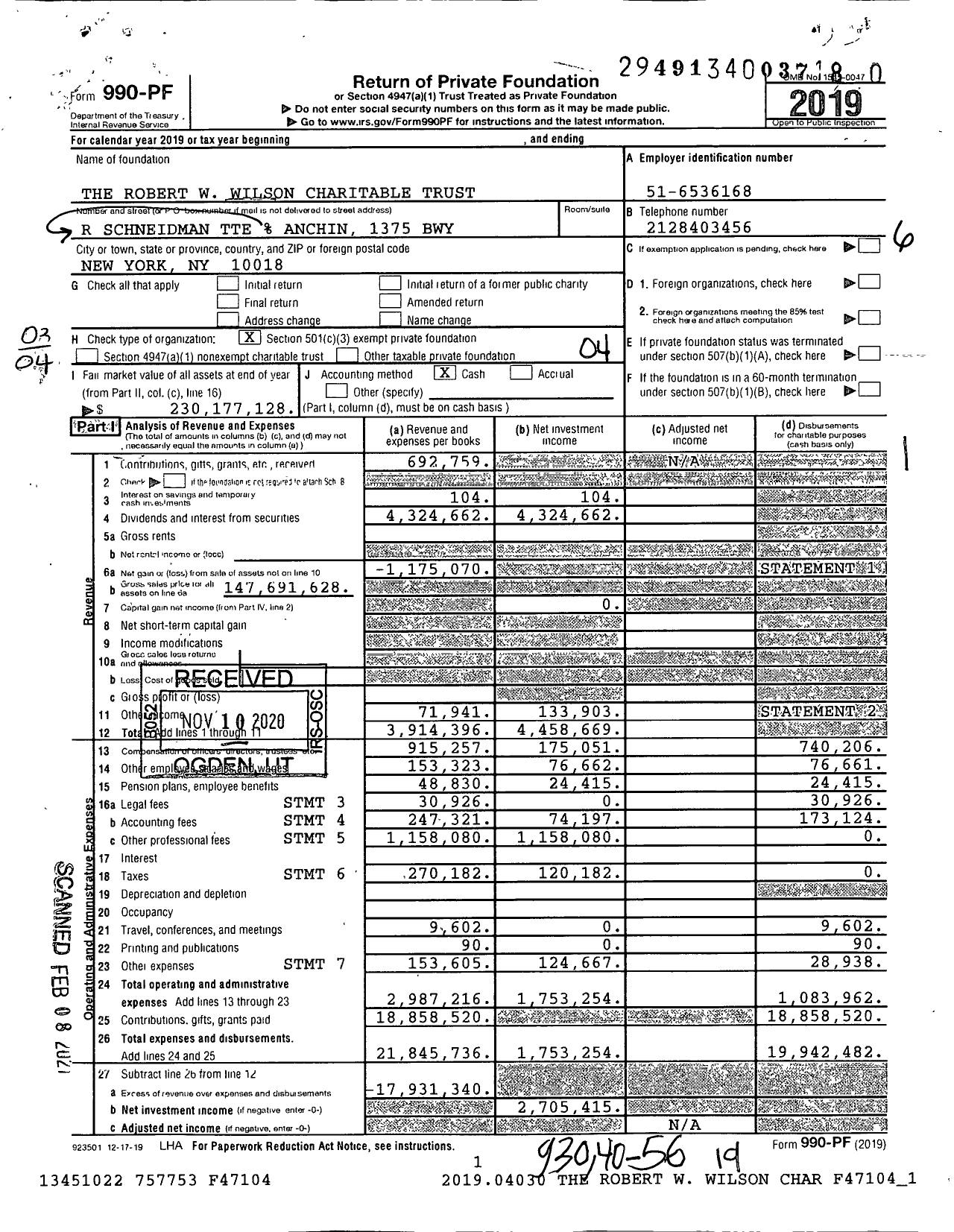 Image of first page of 2019 Form 990PF for Robert W. Wilson Charitable Trust