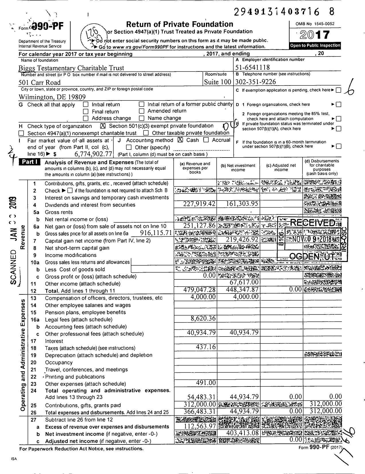 Image of first page of 2017 Form 990PF for Biggs Testamentary Charitable Trust