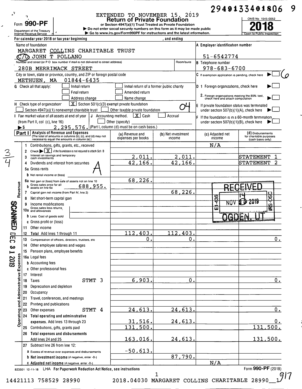 Image of first page of 2018 Form 990PF for Margaret Collins Charitable Trust