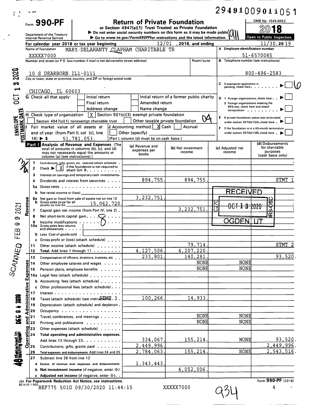 Image of first page of 2018 Form 990PF for Mary D. Clapham Charitable Trust