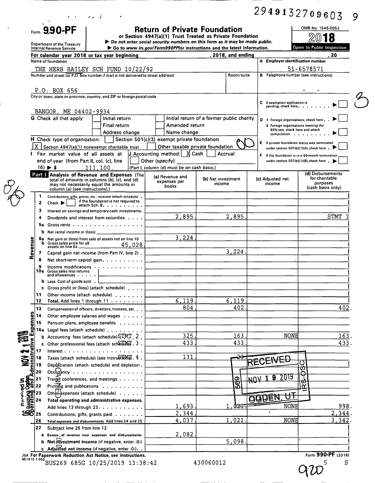 Image of first page of 2018 Form 990PF for The Herb Bailey SCH Fund 102292