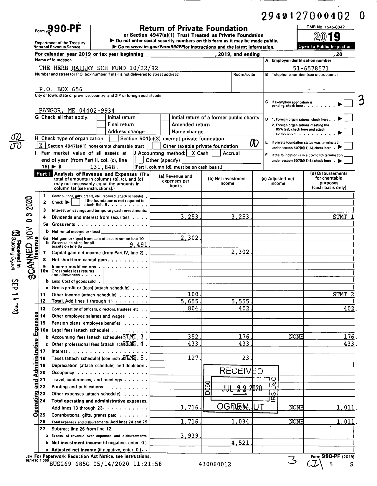 Image of first page of 2019 Form 990PF for The Herb Bailey SCH Fund 102292