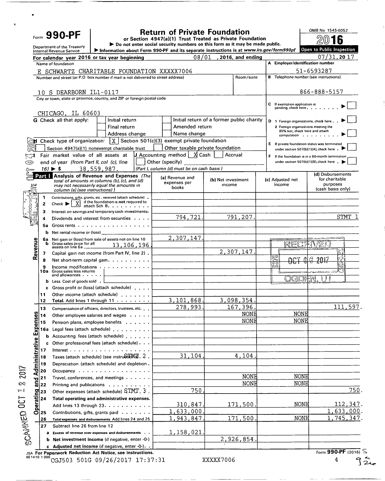 Image of first page of 2016 Form 990PF for E Schwartz Charitable Foundation XXXXX7006