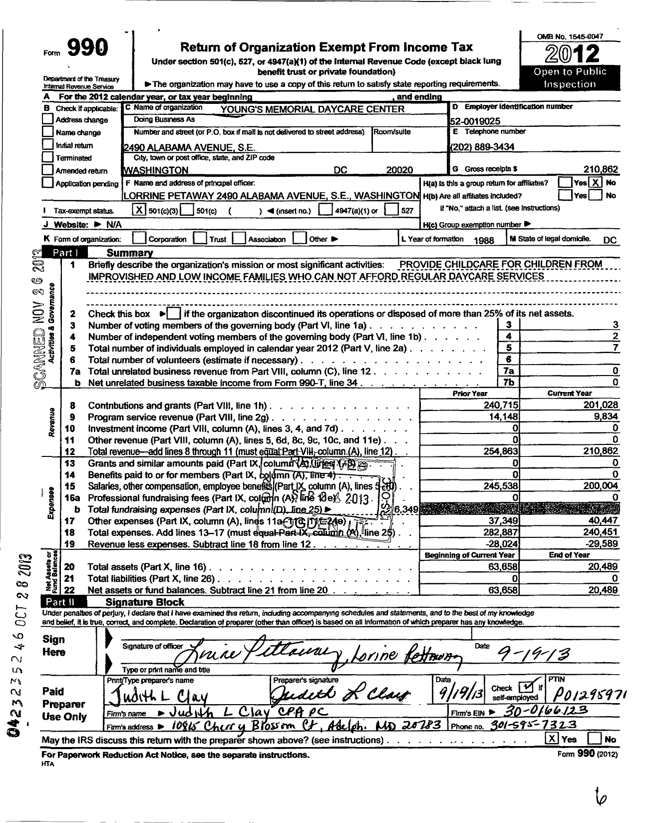 Image of first page of 2012 Form 990 for Youngs Memorial Daycare Center