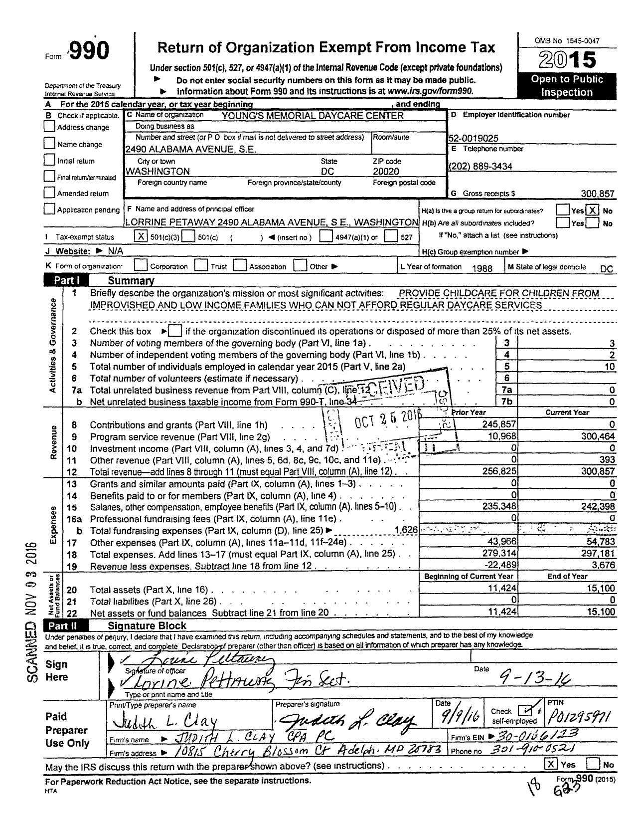 Image of first page of 2015 Form 990 for Youngs Memorial Daycare Center