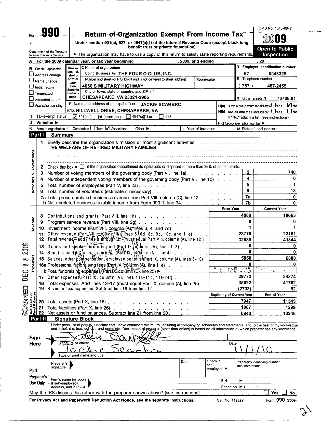 Image of first page of 2009 Form 990O for Four O Club