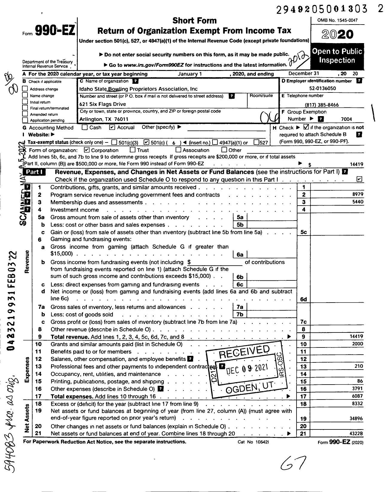 Image of first page of 2020 Form 990EO for Idaho State Bowling Proprietors Association