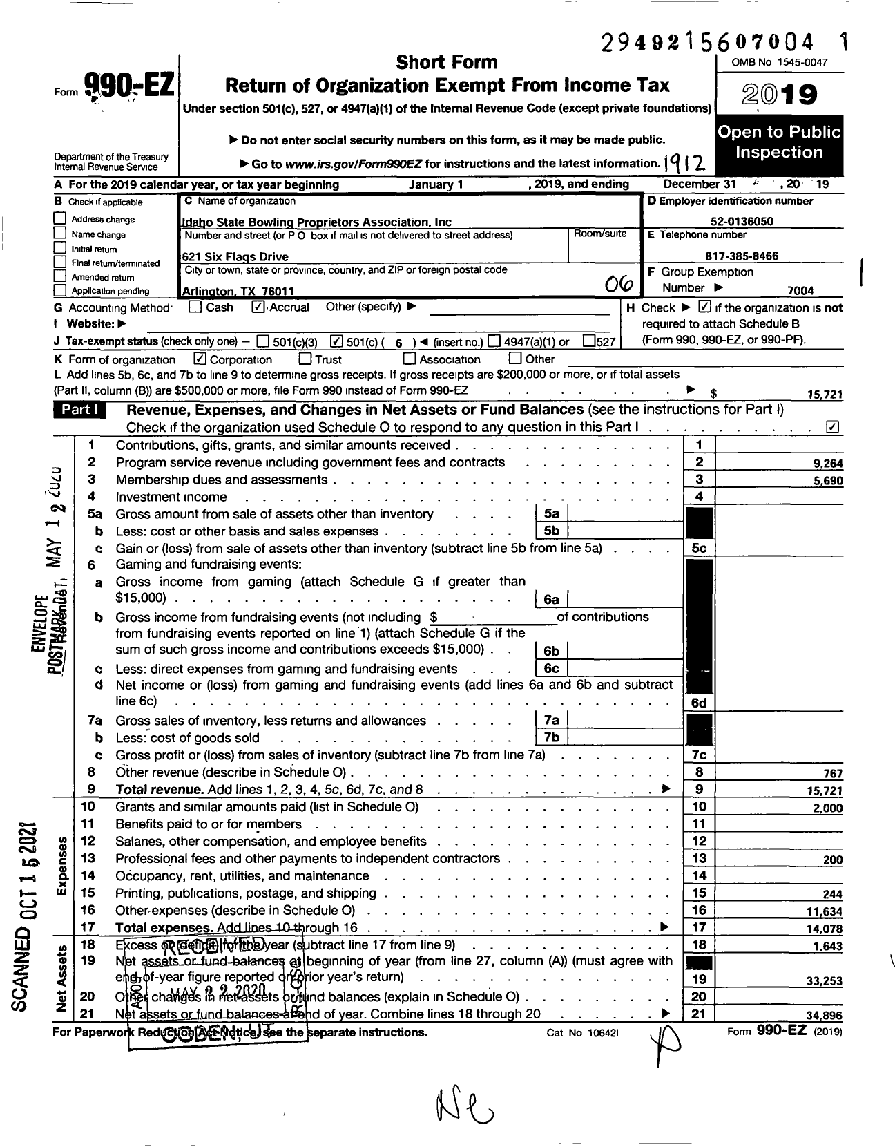 Image of first page of 2019 Form 990EO for Idaho State Bowling Proprietors Association