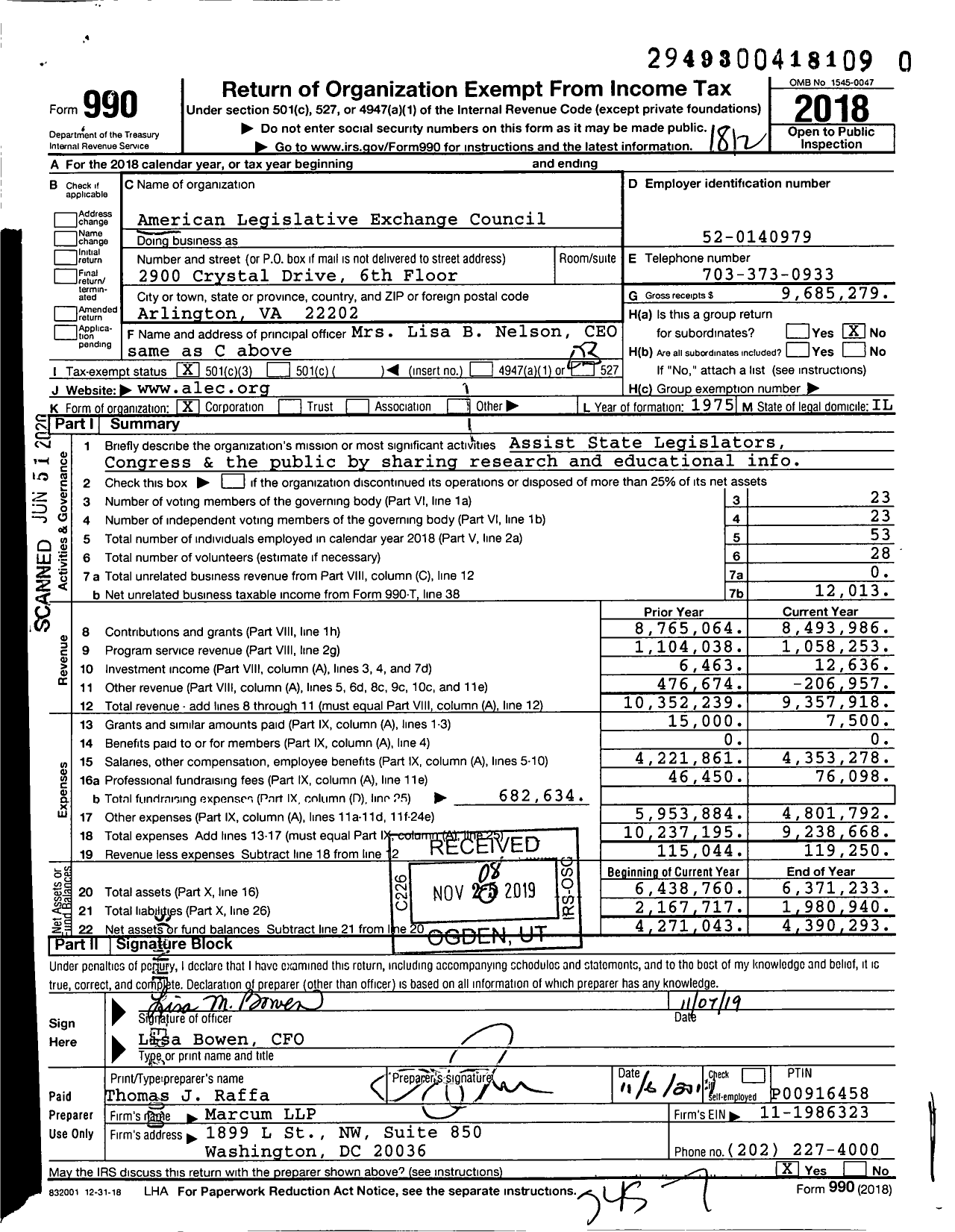 Image of first page of 2018 Form 990 for American Legislative Exchange Council