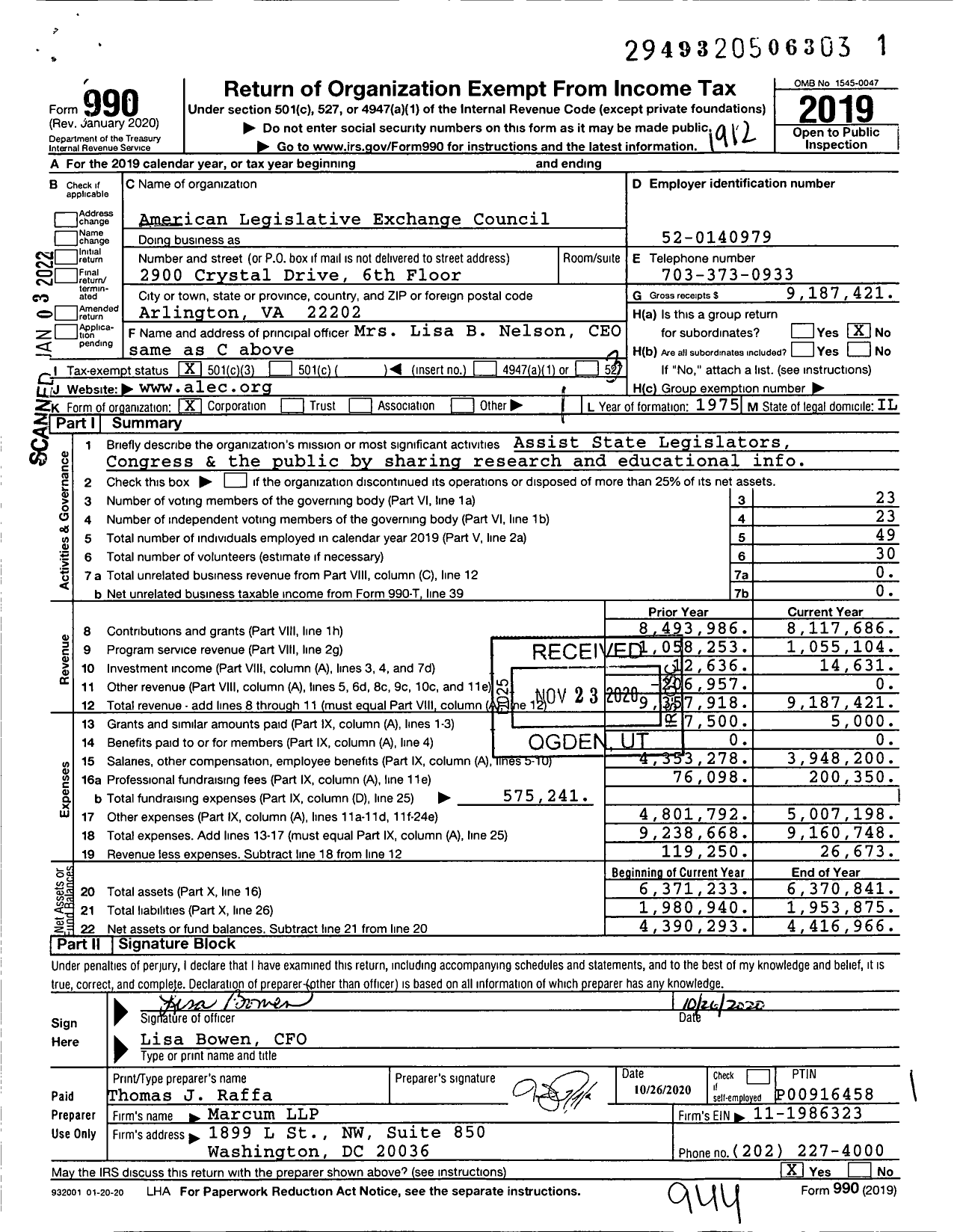 Image of first page of 2019 Form 990 for American Legislative Exchange Council