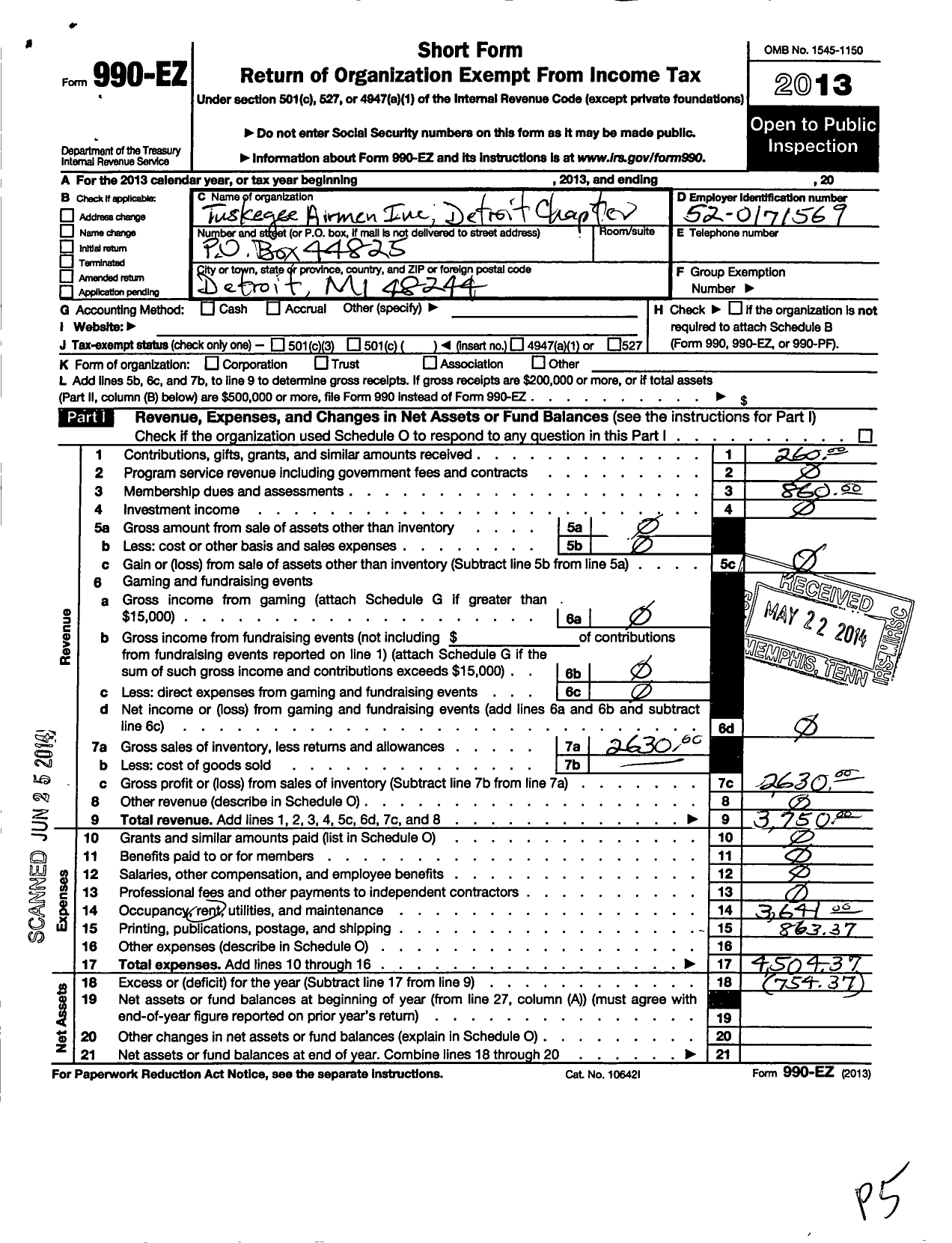 Image of first page of 2013 Form 990EO for Tuskegee Airmen / Detroit Chapter