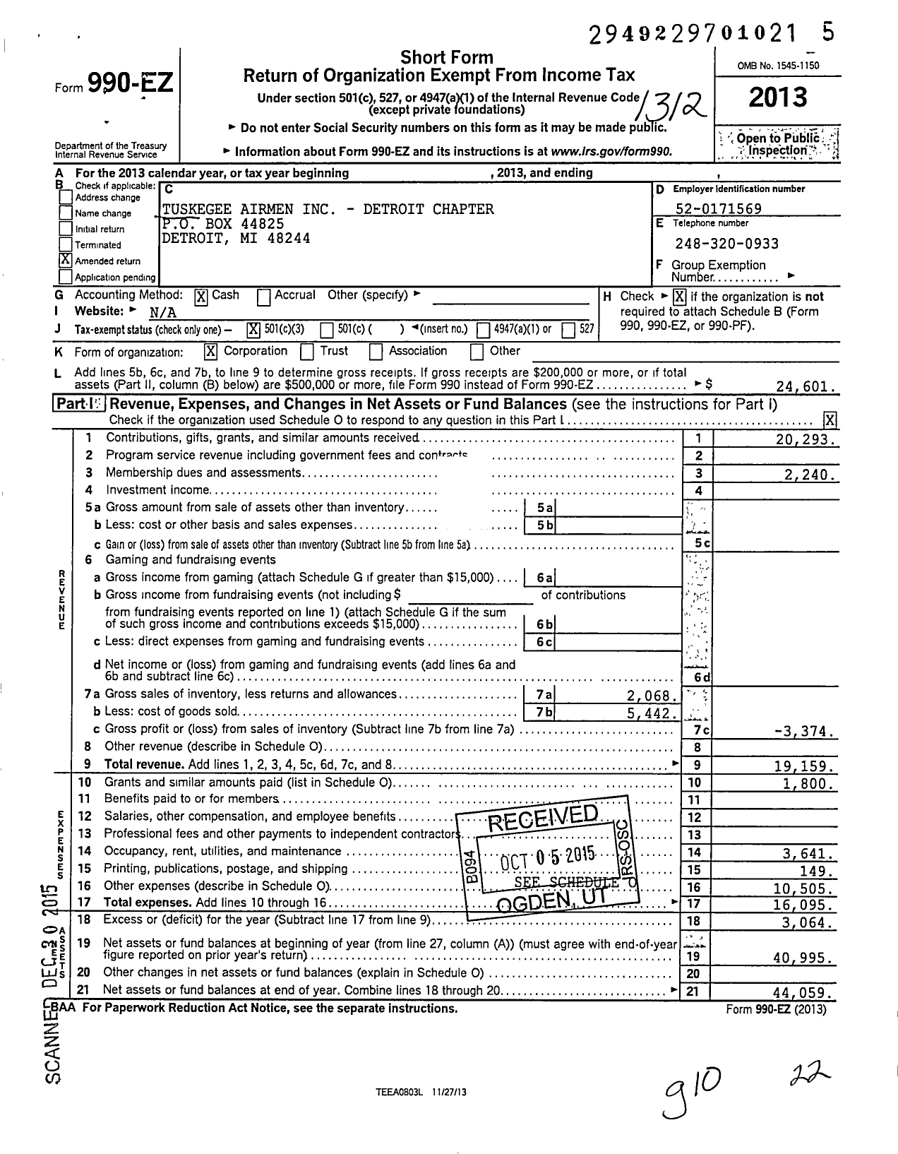 Image of first page of 2013 Form 990EZ for Tuskegee Airmen / Detroit Chapter