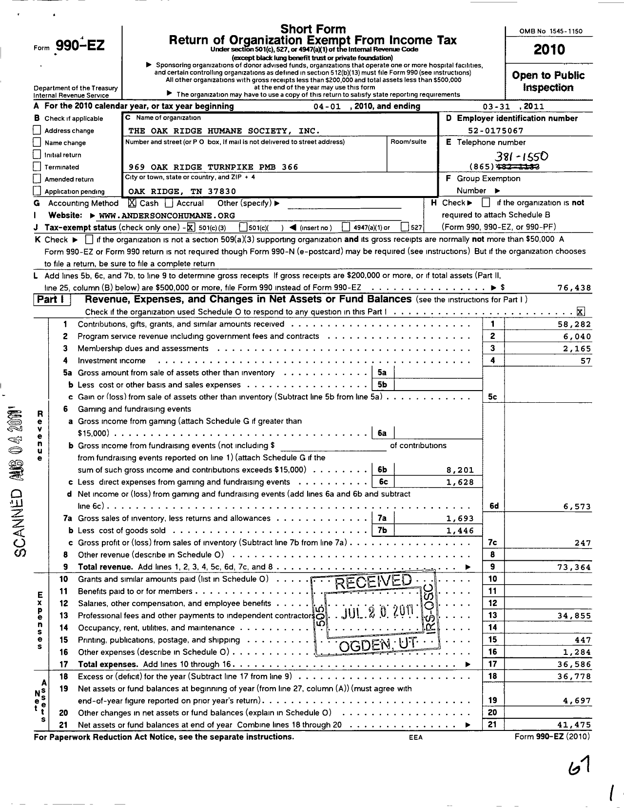 Image of first page of 2010 Form 990EZ for The Oak Ridge Humane Society