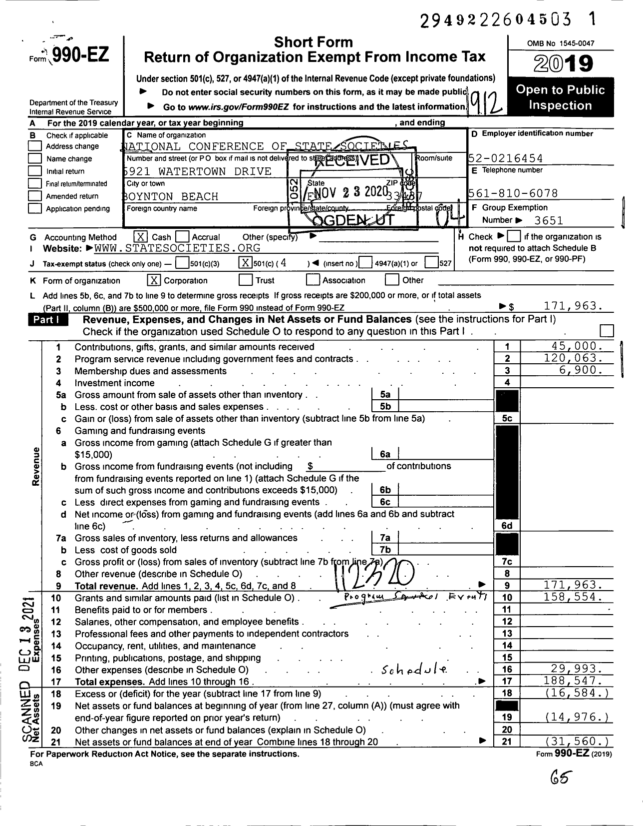 Image of first page of 2019 Form 990EO for National Conference of State Societies